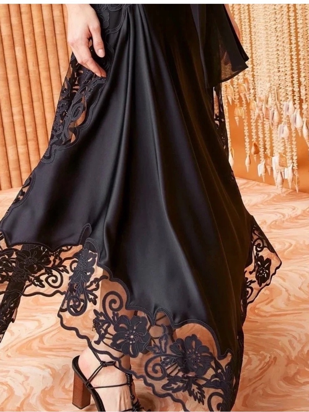 Ulla Johnson Cressida Black Lace-Trim Satin Maxi Skirt - Picture 2 of 5